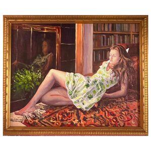 Rachel Van Wylen Original Oil Painting - Woman Lounging In a Dress - Gold Framed